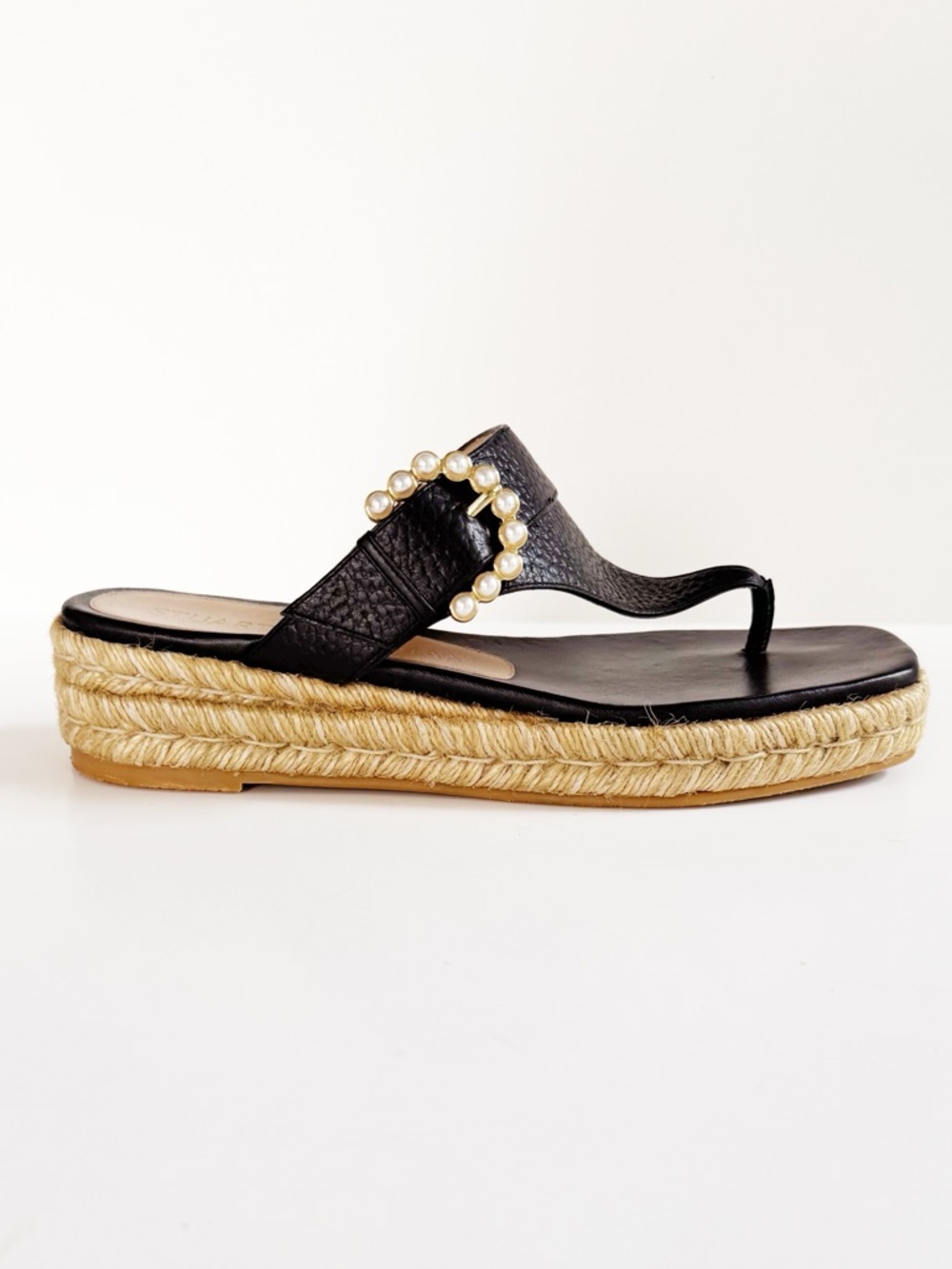 Stuart Weitzman Pearl Buckle Espadrille Sandal in Black | 8
